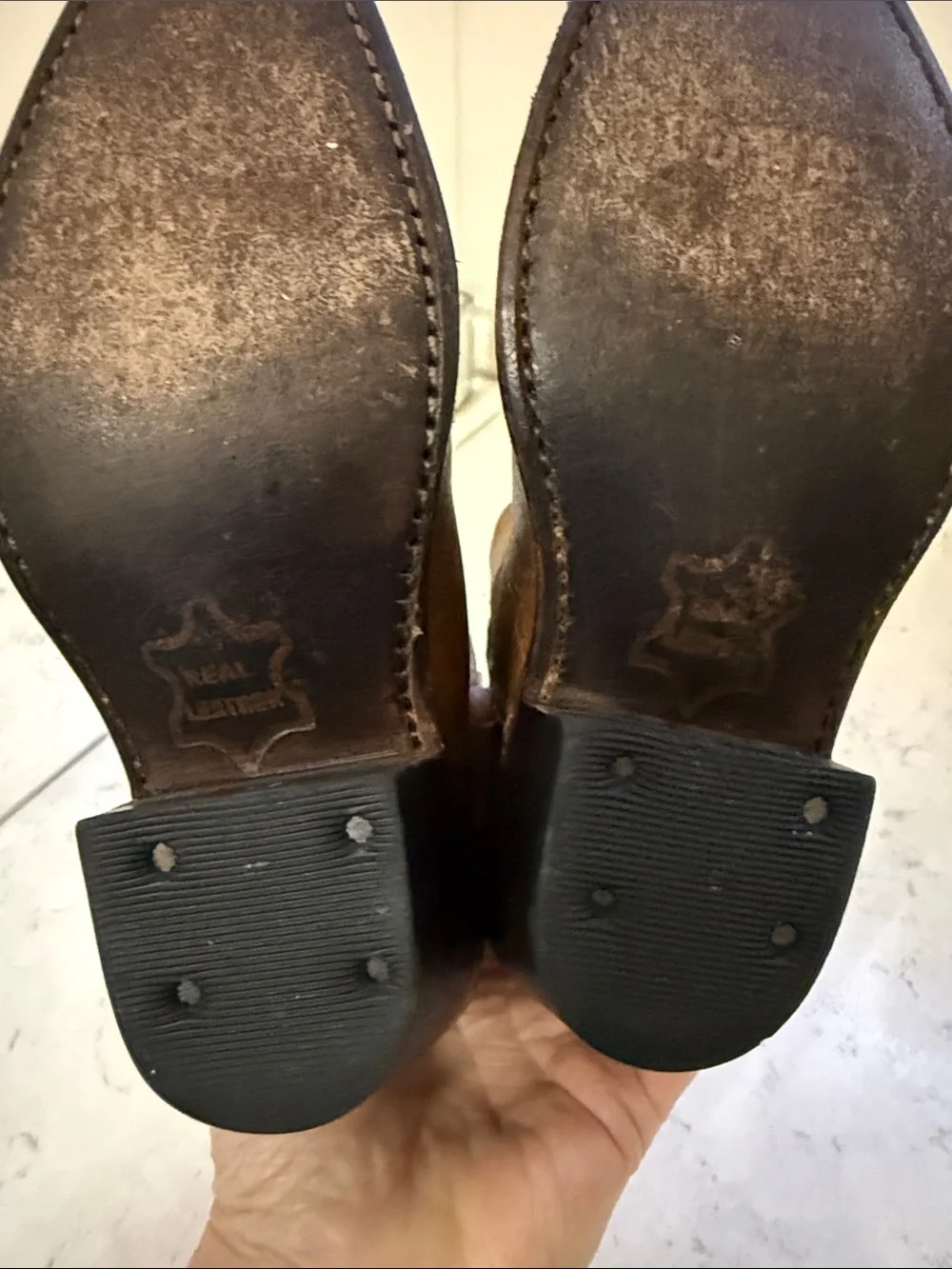 Old West Brown Leather Kids Western Boots with Yellow Stitching